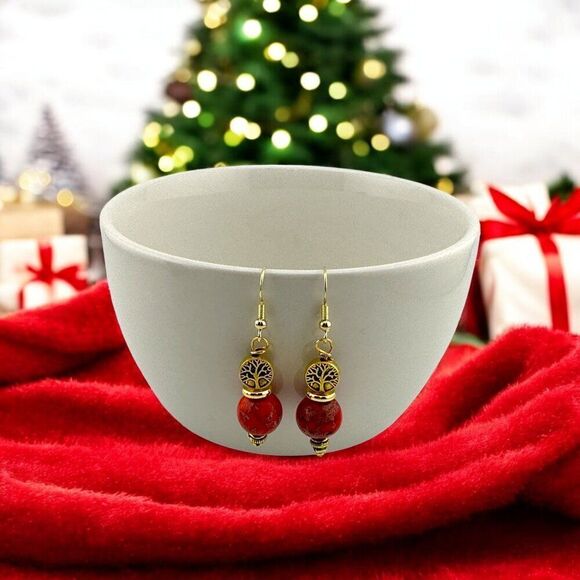 Red Imperial Jasper Earrings Sea Sediment Gemstones Gold Plated Earwires - Picture 6 of 9